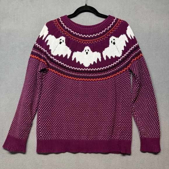 Modcloth Sweaters - ModCloth Ghost Sweater Halloween Fair Isle Purple Cotton Knit Large Retro Spooky